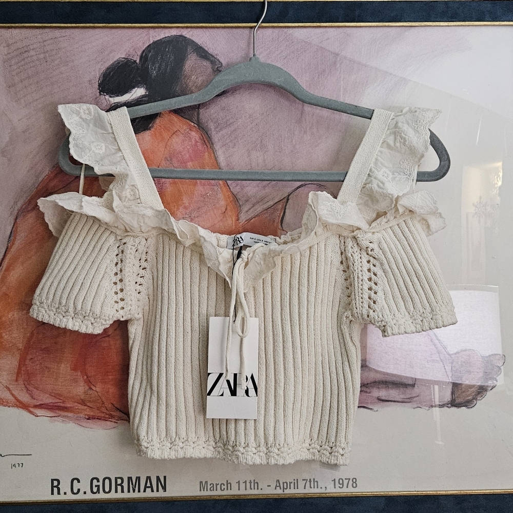 NWT Zara Cream Ribbed Crop Top with Ruffle Details